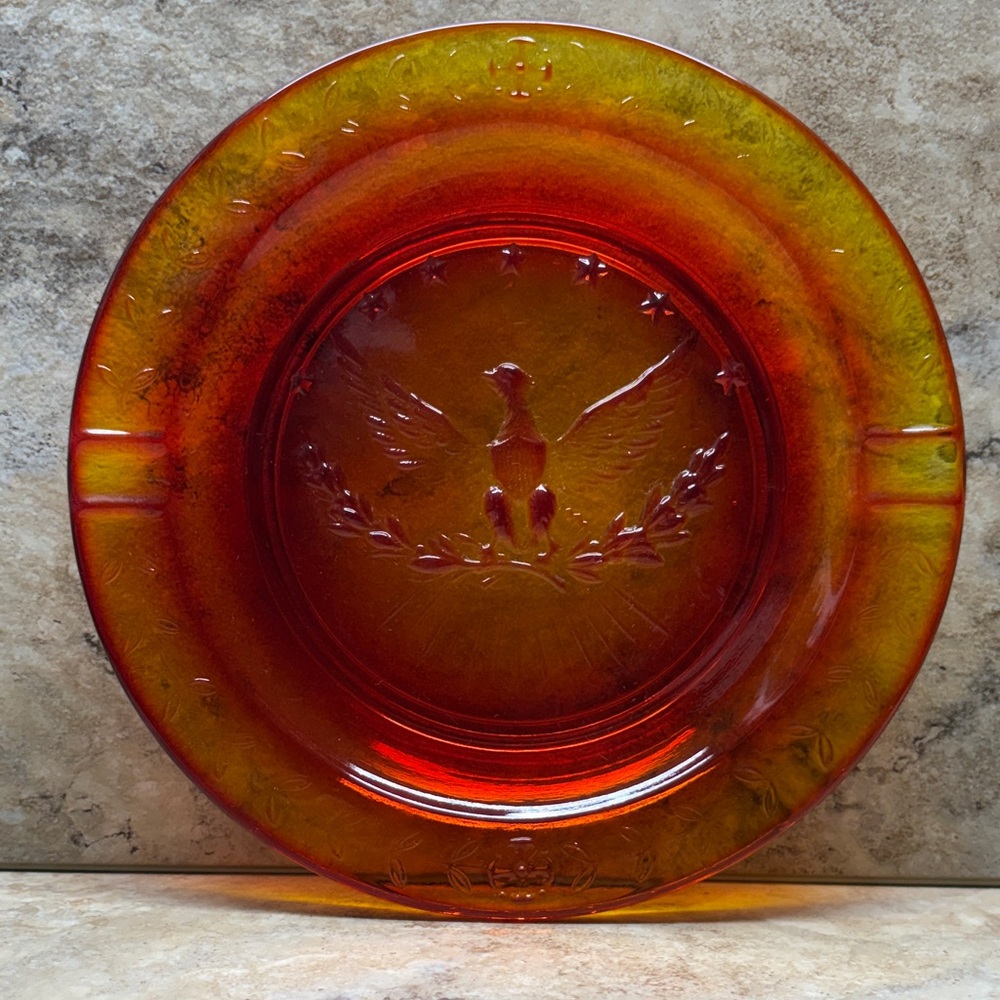 L.E. Smith Amberina Glass Air Force Eagle Ashtray 9”